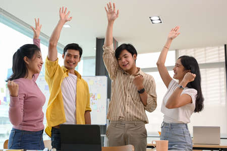 Happy office workers, Successful business startup team achieve goal, celebrating the success project...