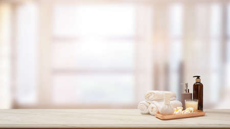 Modern tabletop with spa products set and copy space for display against blurred bright background.の写真素材