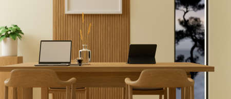 Minimalist Scandinavian comfortable co working space interior design with laptop, tablet and decor...