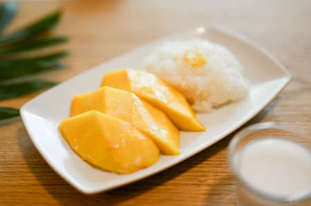 Delicious mango with sticky rice on a white plate. Asian Thai tropical desserts styles. closeup shot