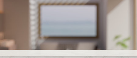 Modern white tabletop with copy space for montage your product display against blurred modern bathroom background. Modern bathroom background. 3d rendering, 3d illustrationの写真素材