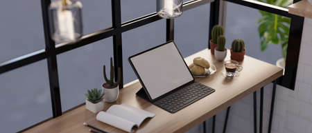 Top view, Modern co-working space in the coffee shop with portable tablet mockup with wireless...