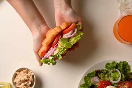 A female hands with healthy chicken croissant with organic salad vegetables and special sauce. aboveの写真素材