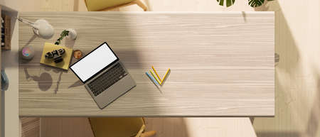 Overhead image, Modern workspace with laptop computer blank screen mockup, equipment and copy space on wooden tabletop. 3d rendering, 3d illustrationの写真素材