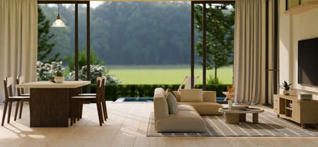 Modern comfortable living room interior with comfy minimal sofa, coffee table, TV cabinet, stylish...