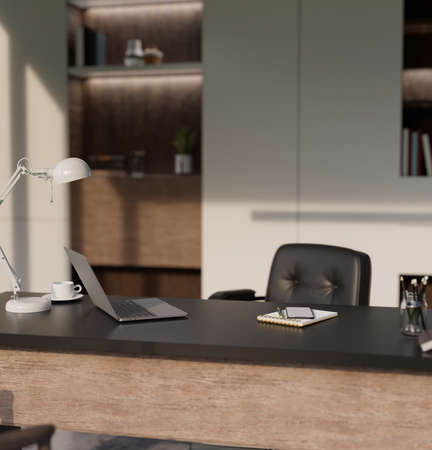 Modern CEO private office interior design with laptop, table lamp, coffee cup, smartphone and accessories on dark wood tabletop, modern black leather office chair. 3d rendering, 3d illustrationの写真素材