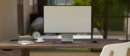 Modern contemporary vintage workspace with computer desktop mockup and office accessories on rustic...