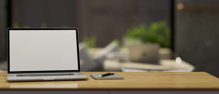 Comfortable minimal workspace interior with notebook laptop blank screen mockup, book, pencil and...