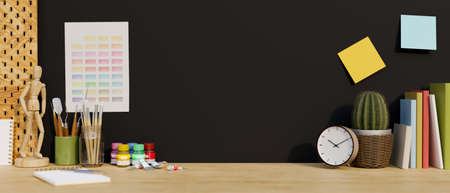 Wooden tabletop with copy space for montage product display, painting tools, acrylic colours,...