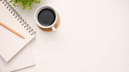 Modern workspace top view with a cup of coffee, pencil, spiral notepad, decor plant and copy space...