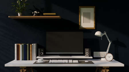 Modern home office workspace studio interior design with pc computer, table lamp, speakers, clock,...