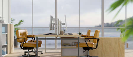 Modern elegance bright office room with pc computer on table, office chairs, document cabinet and supplies in the room with large glass window. 3d rendering, 3d illustrationの写真素材