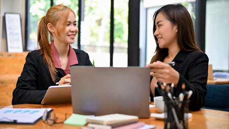 Attractive asian young businesswoman discussing the marketing plan for the new project with her colleague in the officeの写真素材