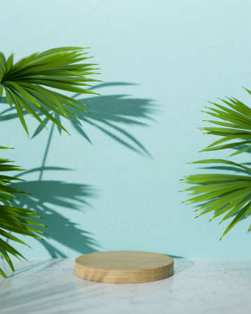 Beautiful tropical product mock up space background with wooden pedestal on marble tabletop and palm leafs over the blue background. 3d rendering, 3d illustrationの写真素材