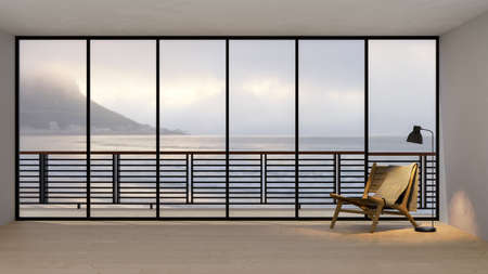 Modern contemporary living room interior design with wood lunge chair, stylish lamp and copy space on wooden floor, large window with ocean sea view in the background. 3d rendering, 3d illustrationの写真素材