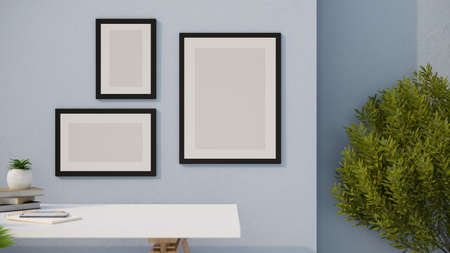 Modern living room with blank empty picture poster frame mockup for display your art pics on the...