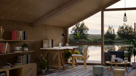 Modern Scandinavian wooden cottage interior design with wooden bookcase, worktable in cozy living...