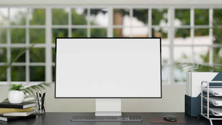 Office desk workspace with pc computer blank desktop mockup, office supplies and office equipments...