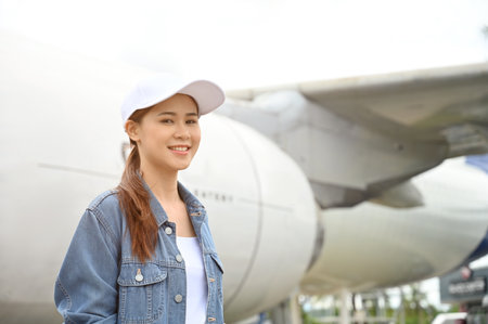 Beautiful young asian female traveller traveling by airplane, standing outside in front of the plane. Transportation conceptの写真素材