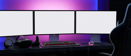 Modern gamer computer desk setup with RGB lights on the background, Modern 3 desktop computer mockup, gaming keyboard, VR glasses on the table and a gamer chair. 3d rendering, 3d illustrationの写真素材