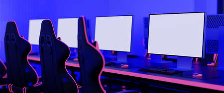 Modern internet cafe interior design with modern blank computer monitor mockup on the table with RGB...