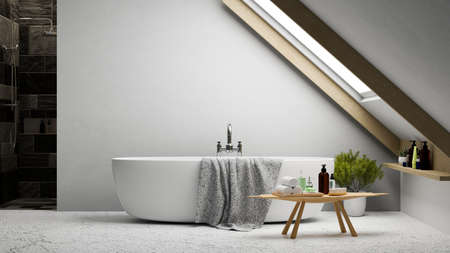 Modern bright stylish bathroom interior design with modern bathtub, towel, bathroom product on...