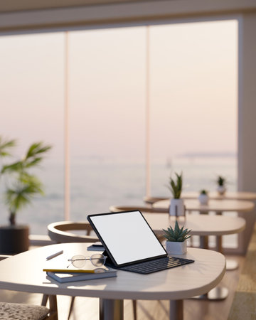Portable tablet white screen mockup with wireless keyboard, eyeglasses, book and decor on wood table in modern comfortable coffee shop seating area. close-up. 3d rendering, 3d illustrationの写真素材