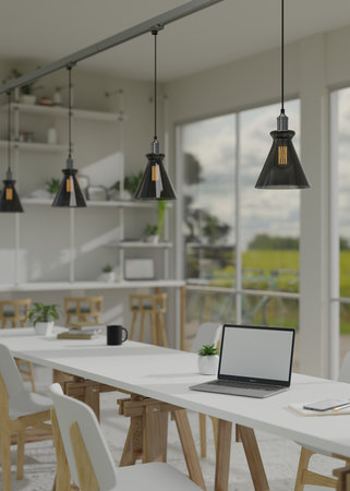 Modern minimal white office co-working space or coffee shop co-working space seating area interior...