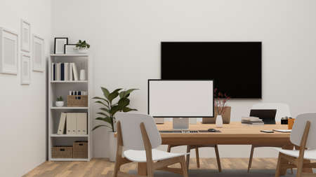 Modern minimal office co-working space room interior design with computer mockup and office...