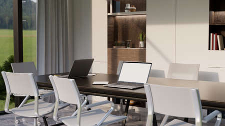 Modern elegance meeting room or conference room interior design with laptop computer mockup on...