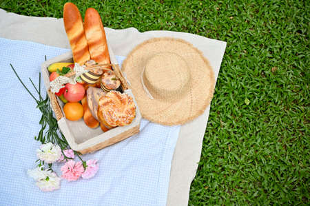 Summer picnic lunch in the beautiful green park, picnic basket with fruits and pastries, straw...