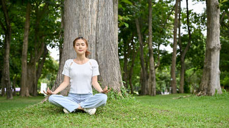 Relaxed and peaceful young Asian female meditating beneath a tree in the beautiful park. Meditation pose conceptの写真素材