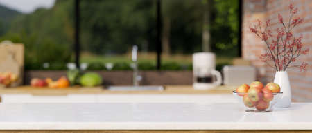 White kitchen tabletop with decors and copy space for montage your product display over blurred...