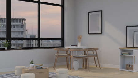Minimal home apartment living room interior design with dining space, dining table, coffee table, pouf, and decor. 3d rendering, 3d illustrationの写真素材