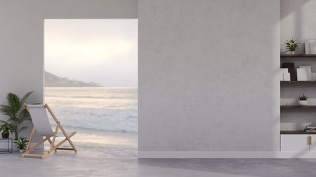 Modern white contemporary beach house interior design with beach chair, indoor plants, balcony through the ocean and empty space over the white wall. 3d rendering, 3d illustrationの写真素材