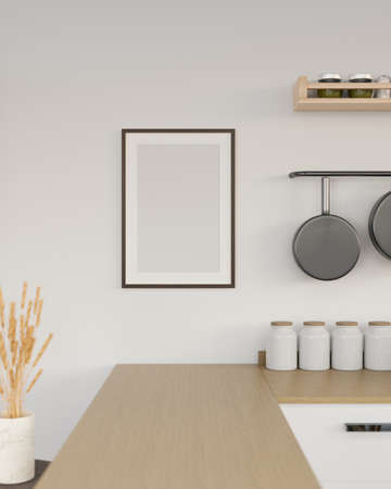 Picture frame mockup for display your artwork on white wall in the minimal kitchen room. close-up image. 3d rendering, 3d illustrationの写真素材