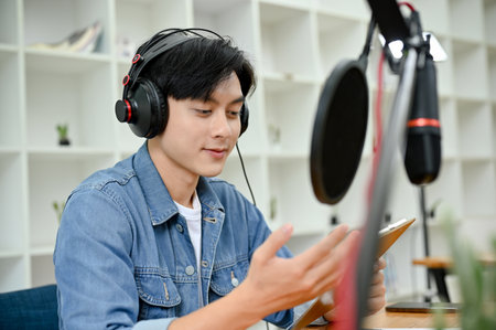 Professional and talented young Asian male online podcast host or online radio host in headphones, announcing a news to his online audience.の写真素材