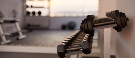 A row of dumbbells in modern fitness gym. Sport equipments background. 3d rendering, 3d illustration