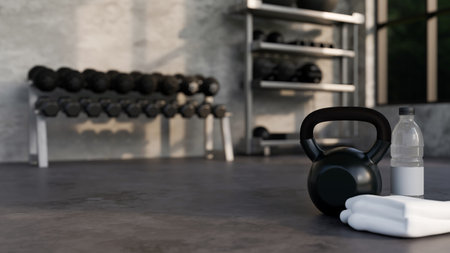 Sport equipments, Kettlebell, towels, bottle water and empty space on gym floor over blurred modern gym in the background. close-up image. 3d rendering, 3d illustrationの写真素材
