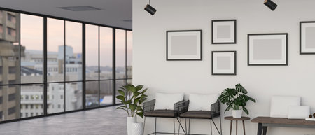 Relaxing area or waiting area in the building corridor interior design with modern armchairs, wooden...