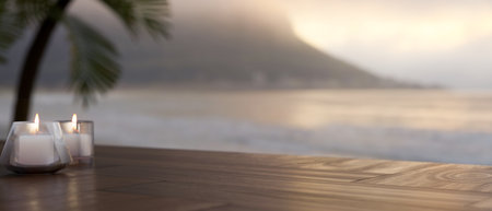 Aroma candles and copy space for montage your product display on wood table over blurred beautiful sunset ocean view in the background. Holiday, vacation background. 3d rendering, 3d illustrationの写真素材