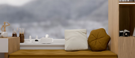 Comfortable window couch or window bench seat with pillows, built-in furniture, VR headset and accessories. Home living room interior with window couch. 3d rendering, 3d illustrationの写真素材