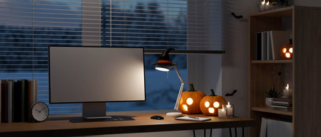 Modern dark home office at Halloween night interior with PC computer mockup, table lamp, Halloween pumpkin lamp and decor. 3d rendering, 3d illustrationの写真素材