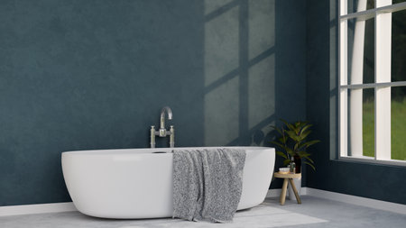 Modern luxury bathroom interior design with luxury bathtub, towel, indoor plants, bath accessories, large window and blue wall. 3d rendering, 3d illustrationの写真素材