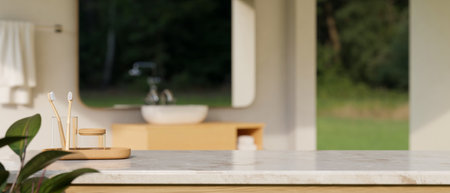Modern marble tabletop with bath accessories and empty montage space for displaying your product over blurred modern bathroom in the background. 3d rendering, 3d illustrationの写真素材