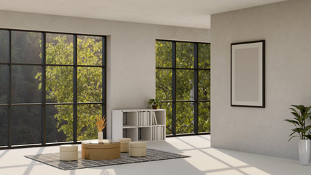 Modern urban and comfortable living room interior design with coffee table, stools, bookshelf,...