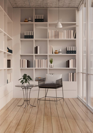 Modern contemporary reading room or library interior design with modern white built-in bookshelves,...