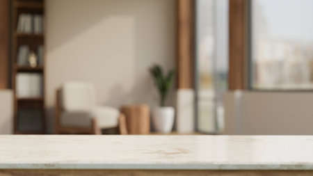 Empty white tabletop for montage your product display over blurred modern comfortable living room in...