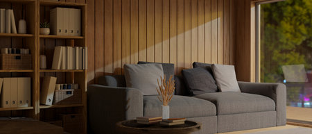 Modern contemporary living room interior design with comfortable sofa, coffee table, shelves, decor,...