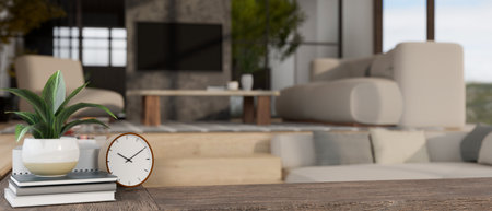 Copy space for montage your product display with home decor on minimal wood cabinet or tabletop over blurred minimal home living room in the background. 3d render, 3d illustrationの写真素材